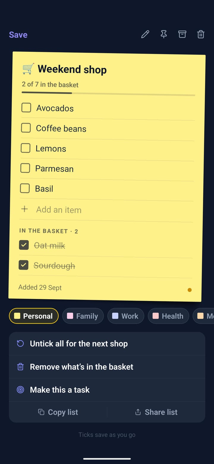 A shopping list opened: things to tick off, and the ones already in the basket