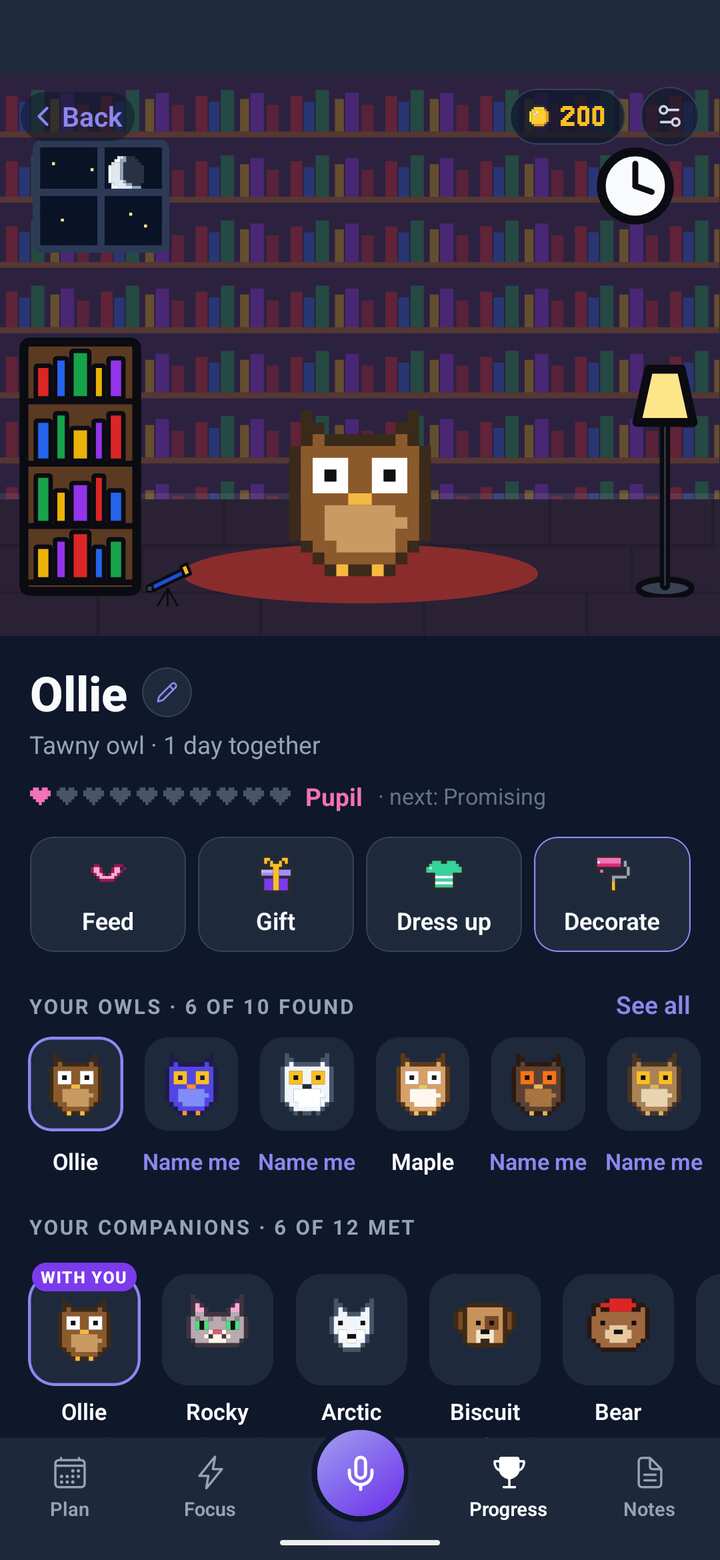 Your companion’s room: Ollie the owl in a library, its bond, Feed, Gift, Dress up and Decorate, and the owls and companions found so far