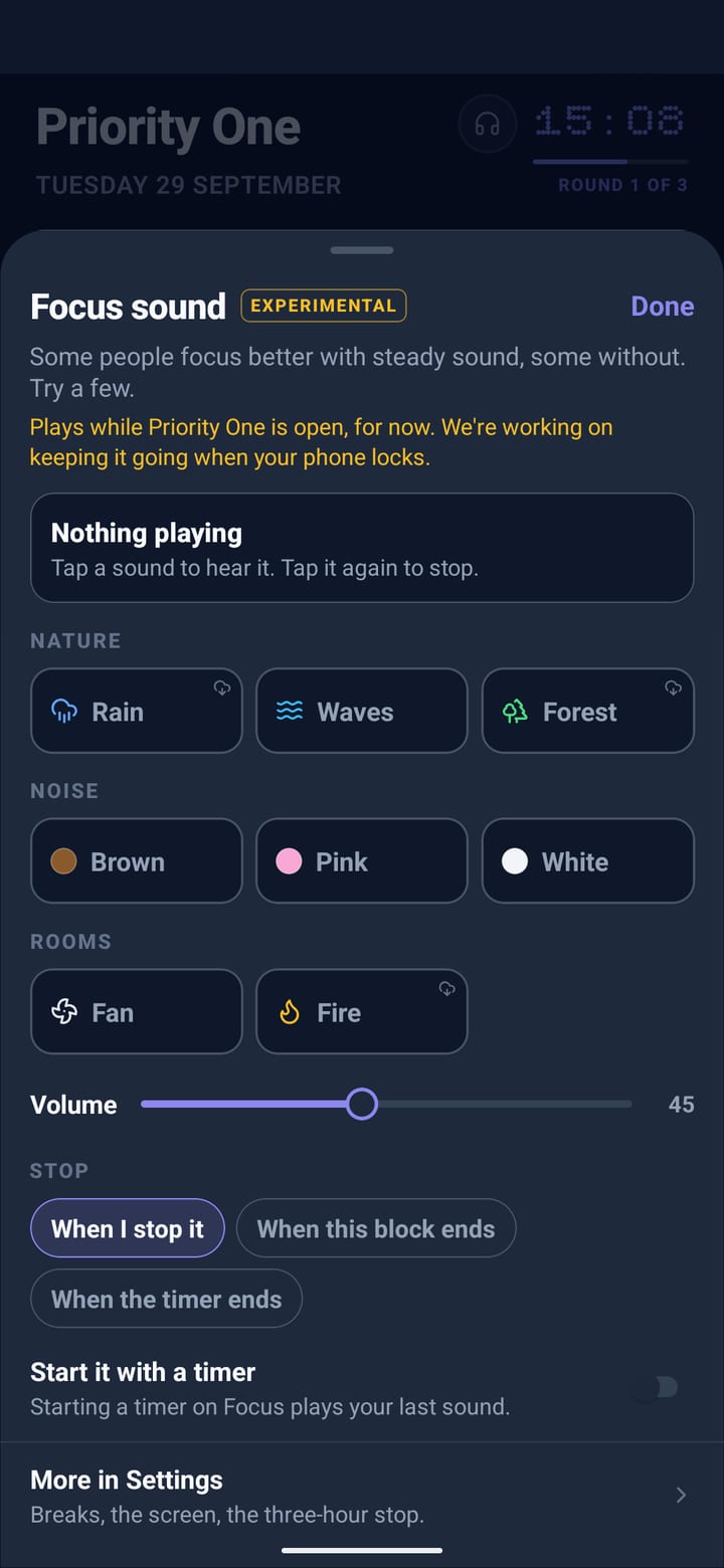 The Focus sound sheet: rain, waves and forest, three kinds of noise, a fan and a fire