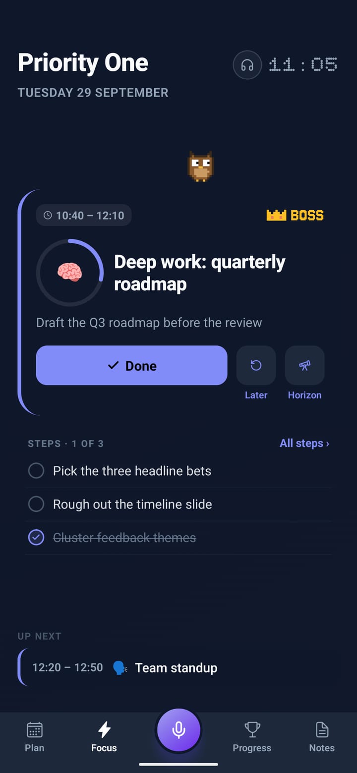 Focus: the deep work block with a BOSS badge, a Done button, and its steps below