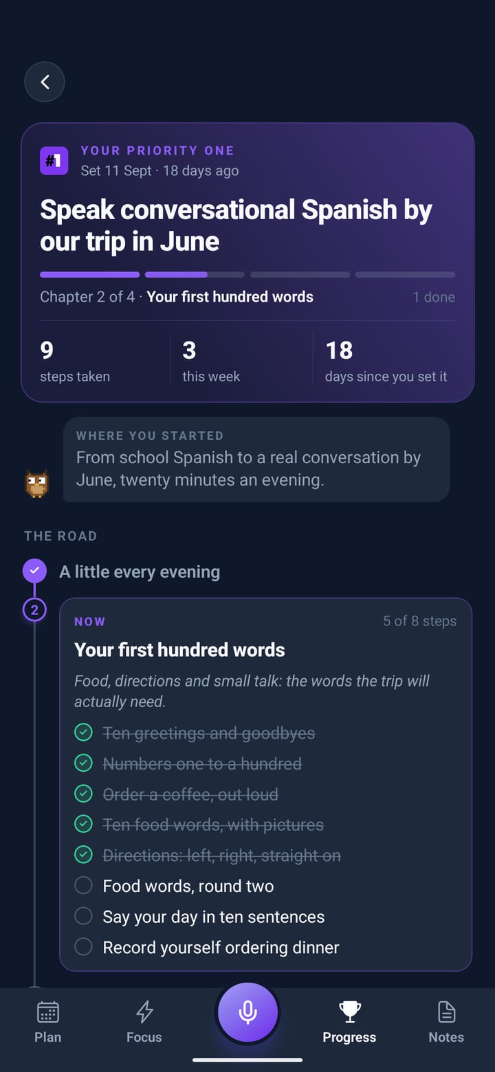 Your priority one: “Speak conversational Spanish by our trip in June”, chapter 2 of 4, the road and this chapter’s steps