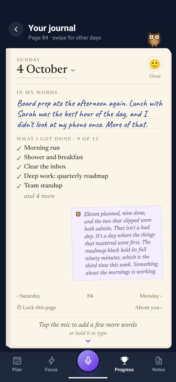 A journal page: the day in the person’s own words, what they got done, a mood, and a note from the companion