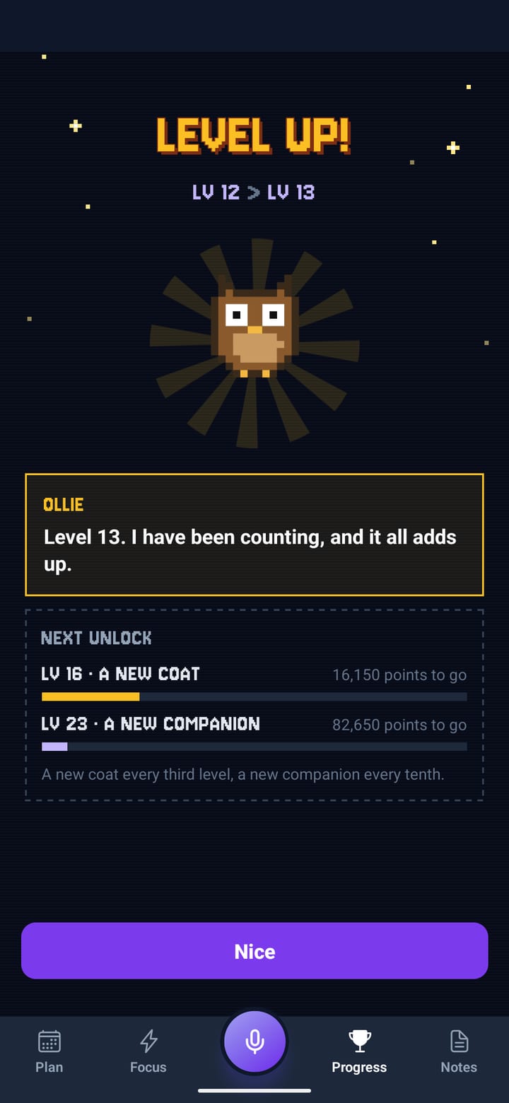Level up: level 12 to 13 in pixel type, the owl in a sunburst, and the next unlocks
