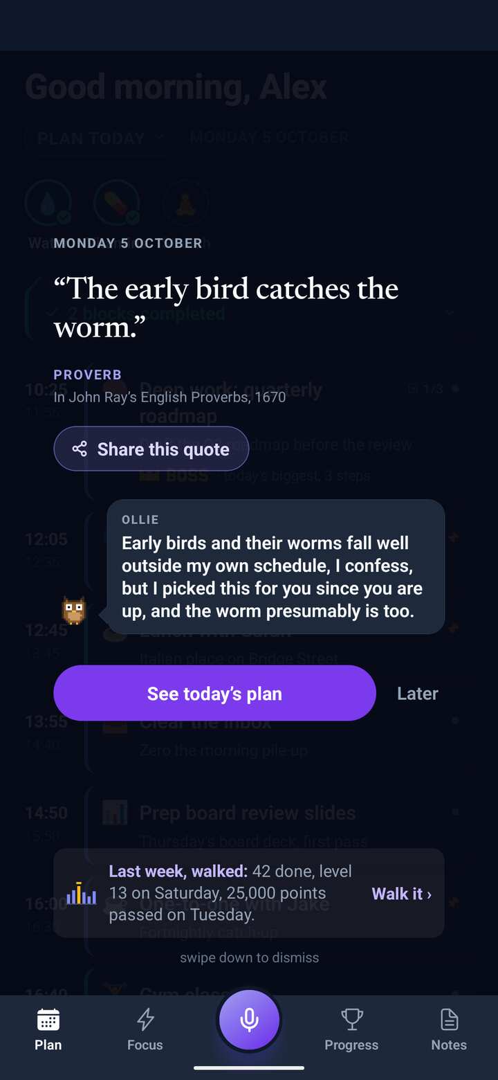 The morning quote: a well-known saying with the owl’s line under it, and See today’s plan