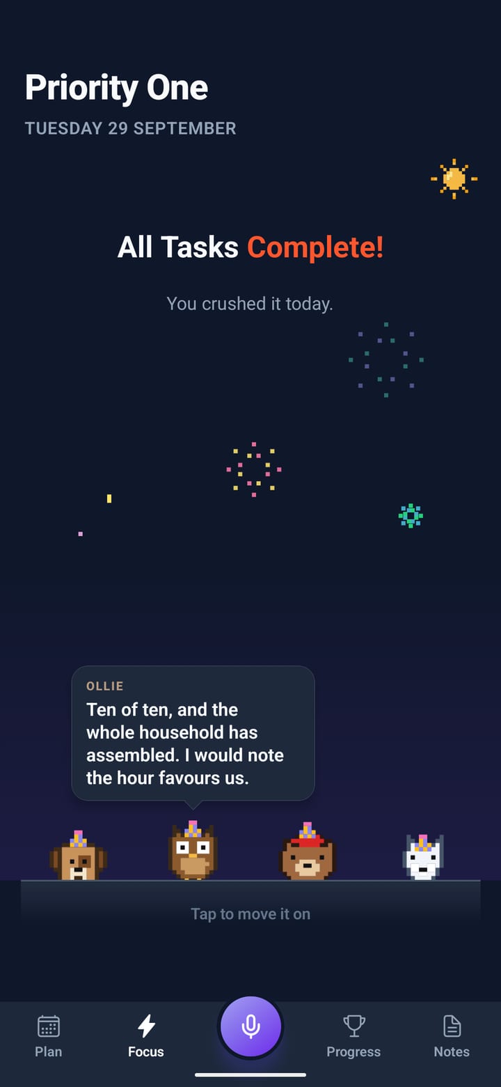 All tasks complete: four pixel companions in party hats under pixel fireworks, one of them talking