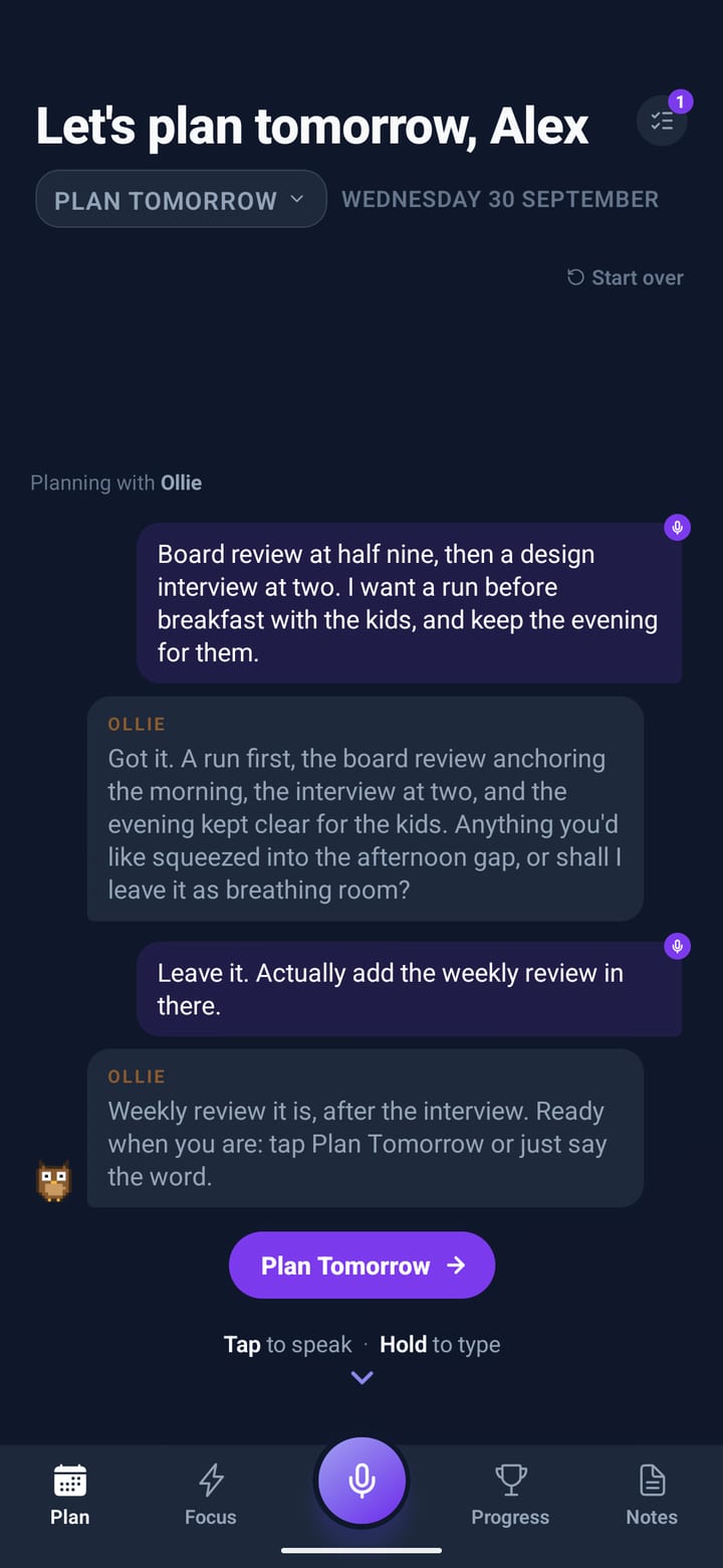 Planning tomorrow as a conversation with Ollie the owl, with a Plan Tomorrow button