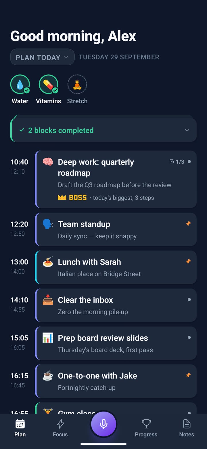 Today’s plan: times down the left, colour-coded blocks, three little habits to tick at the top