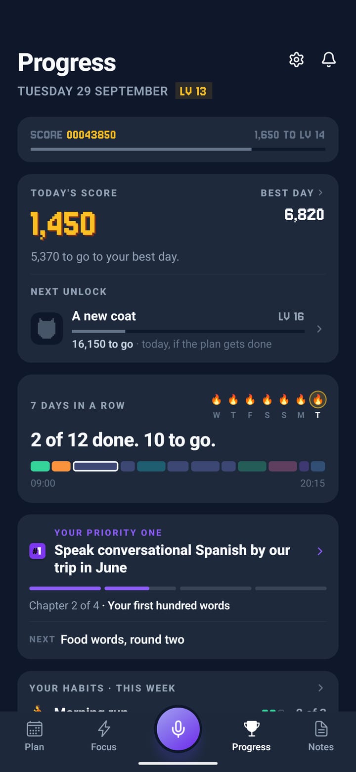 The Progress tab: level 13, the score, a seven-day streak, the day as coloured segments and the goal card