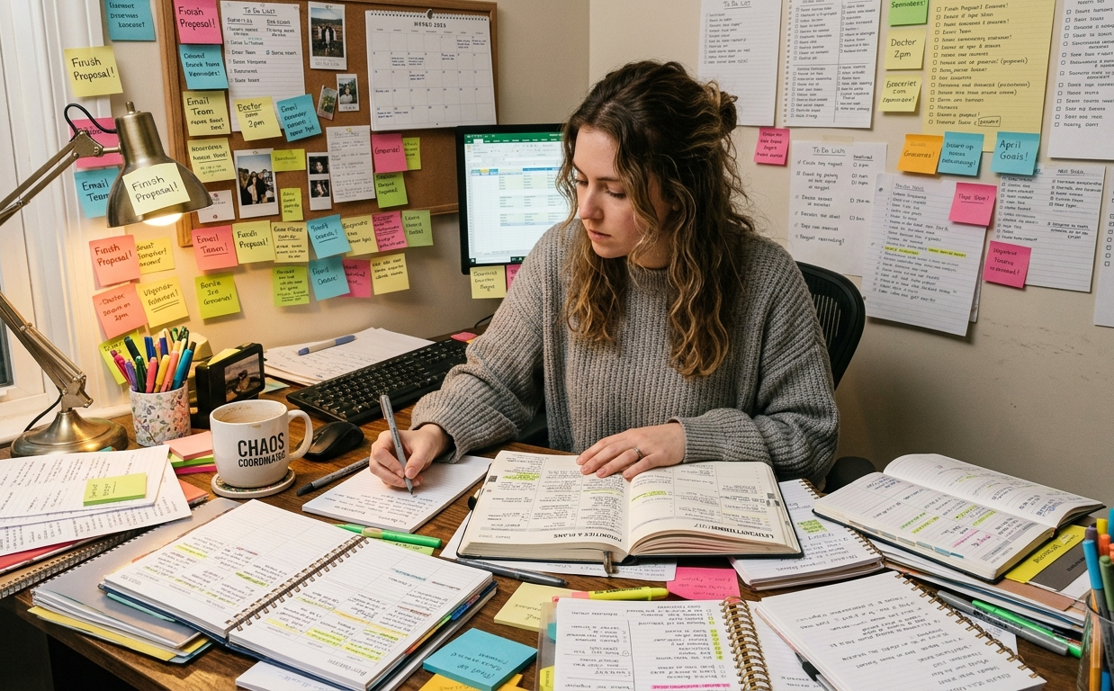 Person surrounded by open planners, sticky notes, and to-do lists at a cluttered desk