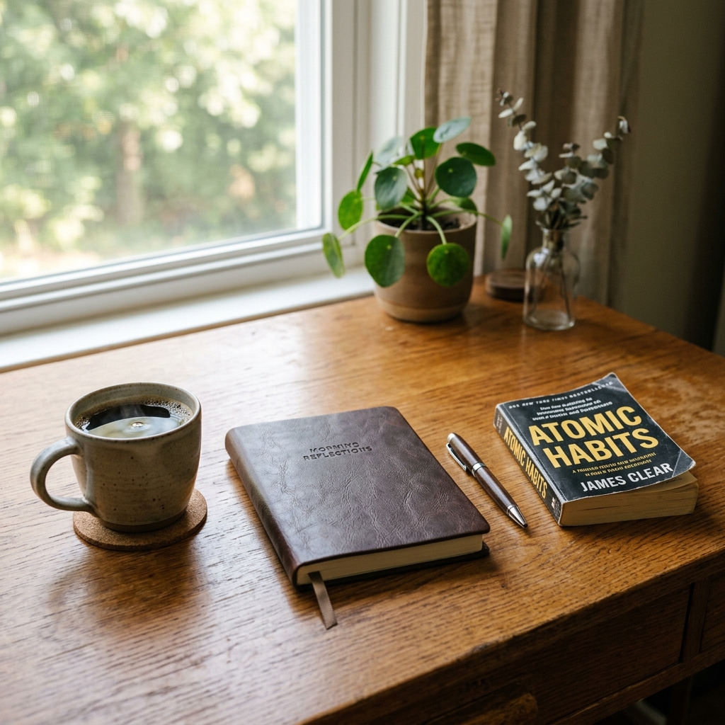 Morning routine items laid out in sequence on a counter