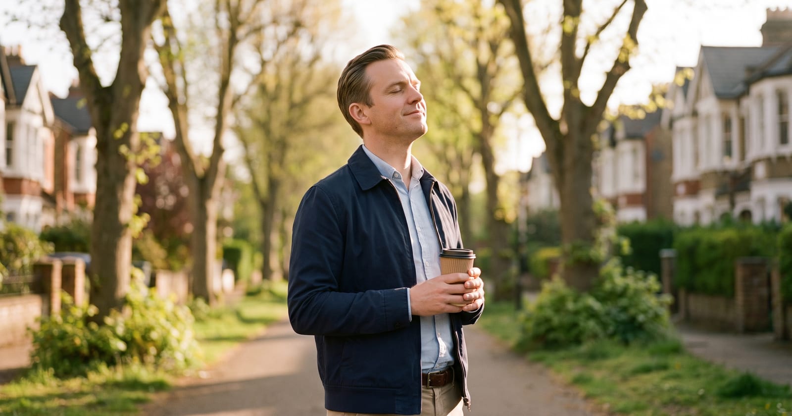 Man in a navy jacket pausing on a leafy suburban street in early morning sun, eyes closed, holding a takeaway coffee with a calm, energised smile