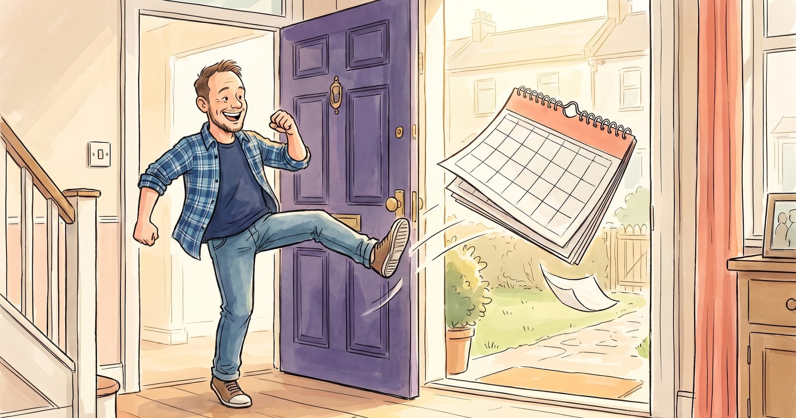 Watercolour cartoon of Richard, the founder, in a blue checked shirt, grinning as he kicks a wall calendar out of his open violet front door into a sunny front garden