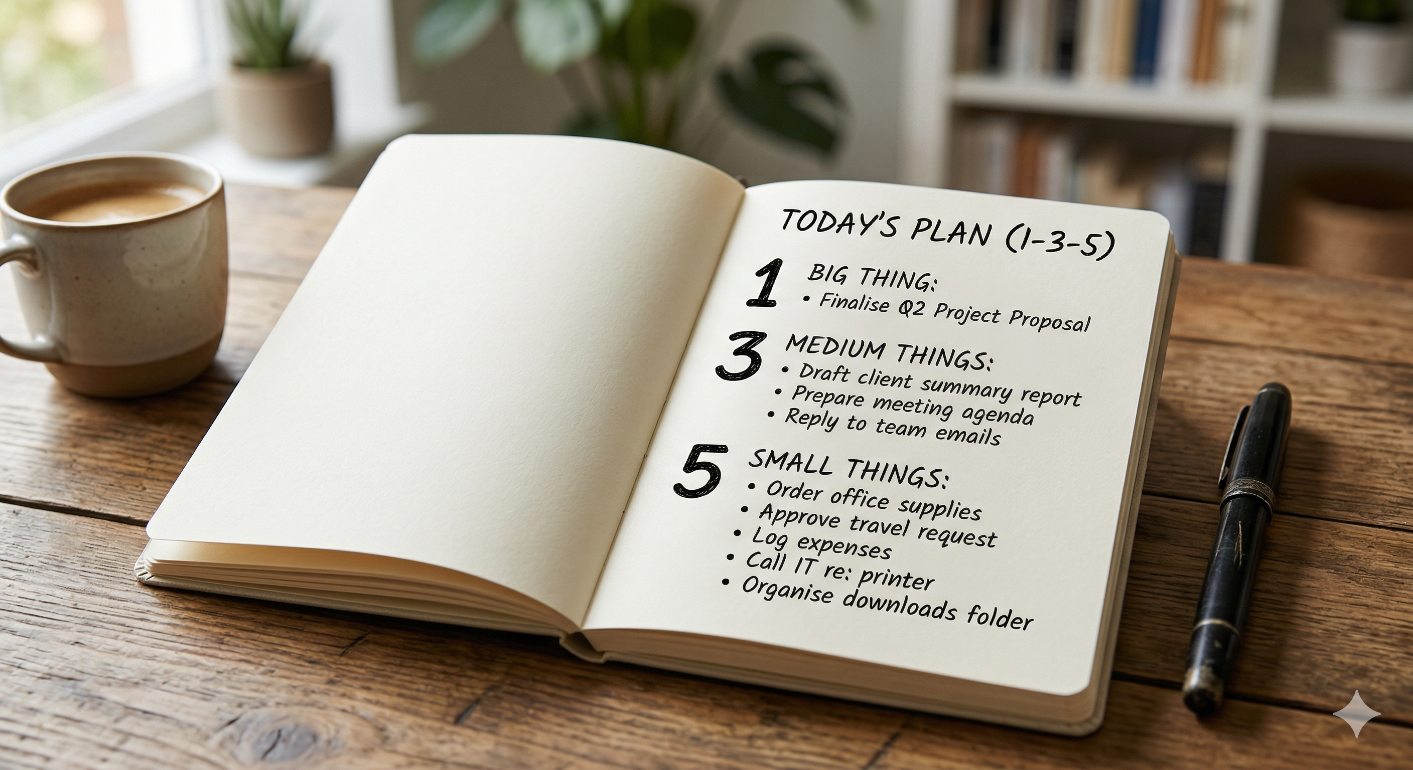 Notebook open to a daily plan with a few key items listed