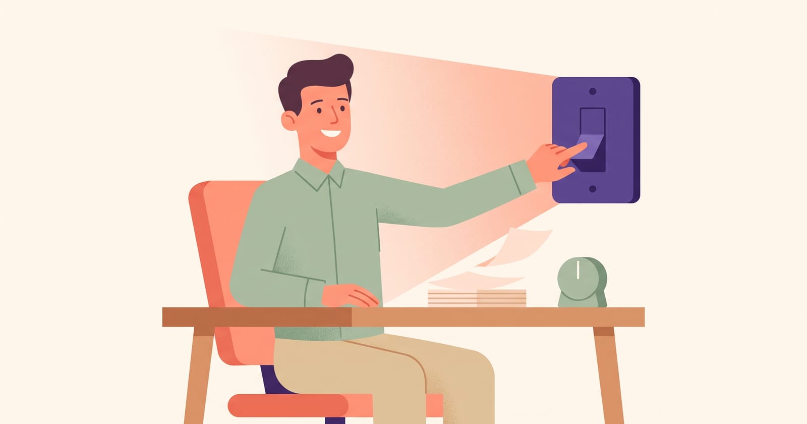 Flat illustration of a smiling person at a desk reaching out to flick a large light switch, warm light spreading over the desk, papers lifting, a small timer beside them