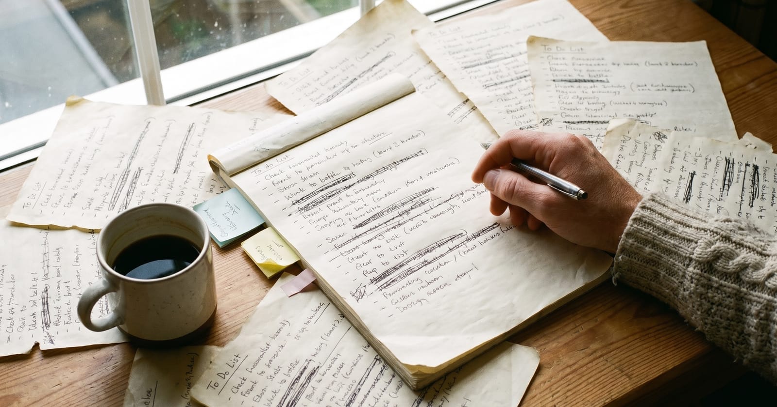 Overhead view of a hand writing on a notepad by a window, surrounded by pages of handwritten to-do lists with items crossed out, a coffee alongside